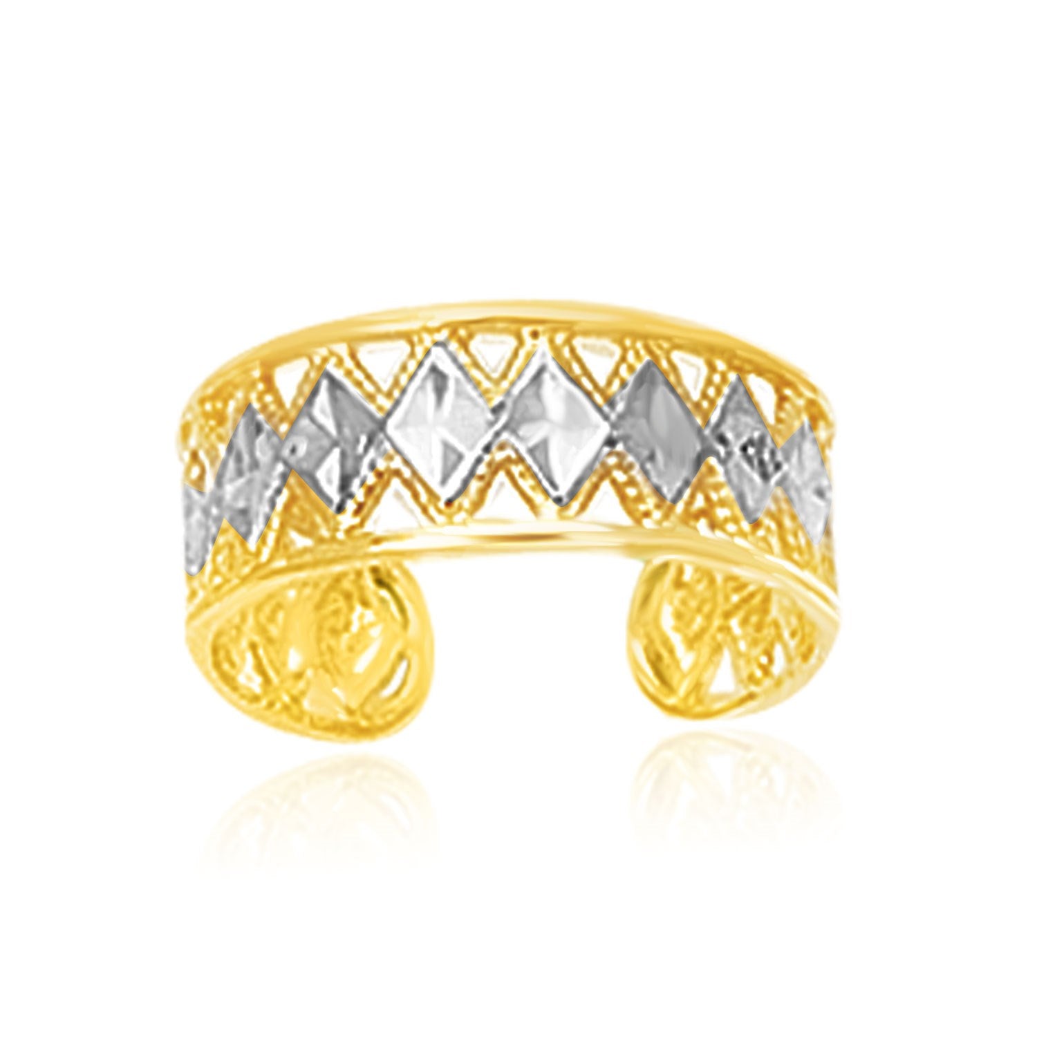 14k Two-Tone Gold Cuff Type Cut-Out Toe Ring with Diamond Design in a sleek high-contrast midnight luxury editorial style